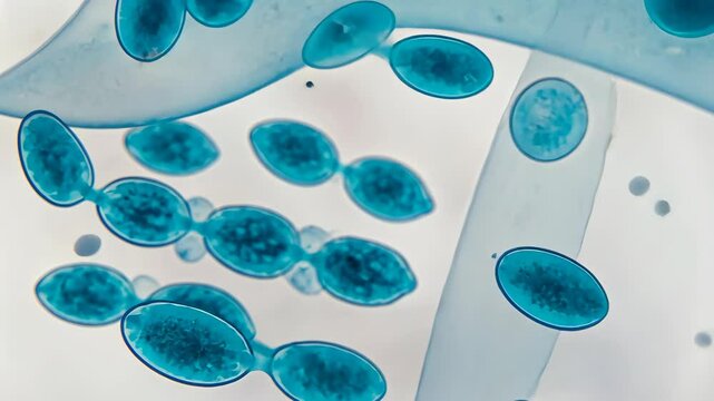 Microscopic view of budding yeast cells undergoing asexual reproduction in light blue color on white background.