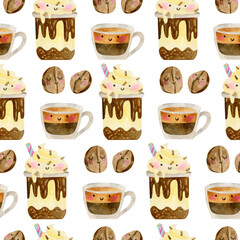 Watercolor cartoon seamless pattern - cute coffee cup characters, coffee beans, chocolate hot drinks. Coffee graphic, beverage seamless pattern.