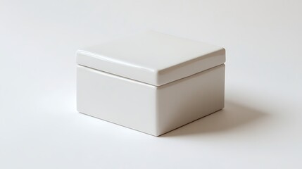 A minimalist white box with a lid sitting on a white surface in a studio setting with soft lighting