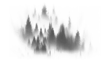 Dotted halftone landscape with trees and hills – screen vector illustration in black and white.