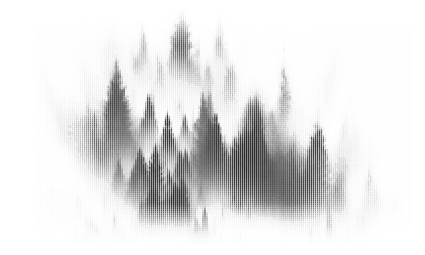 Dotted halftone landscape with trees and hills – screen vector illustration in black and white.