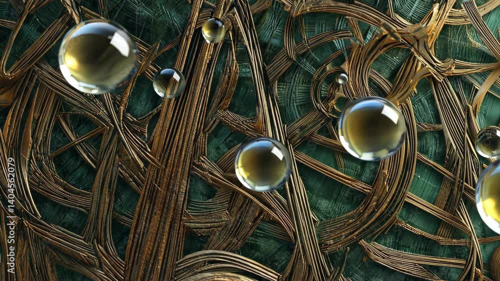Poster abstract rendering of orbs floating above interwoven golden threads on textured teal background, geo