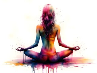 Illustration of a person in a seated yoga position, alcohol ink, watercolour, rainbow colours
