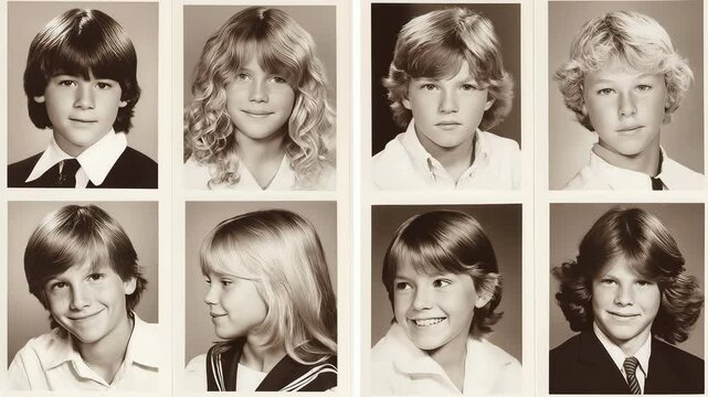 Vintage-style 2x4 black and white 1980s yearbook student portraits arranged in dense sepia-toned grid.