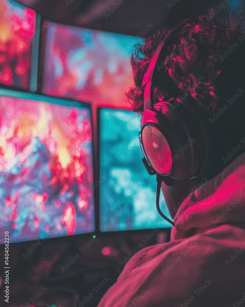 Poster Cyberpunk Productivity Next-Gen Gaming and Development Workflow with Immersive Multi-Monitor Neon Aesthetic - Dynamic Creative Professional Performance