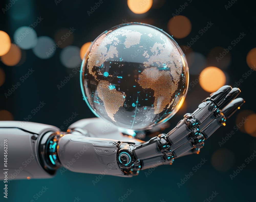 Poster futuristic robot hand holding a transparent globe with digital map