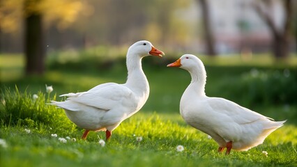Two white geese walk on the field