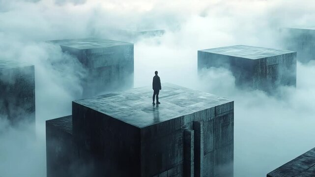 A lone figure stands on a cube amidst foggy, towering blocks, symbolizing risk strategy in uncertain environments, ideal for business or decision-making visualizations.