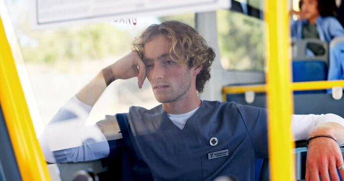 Thinking, person and nurse on bus in city of travel journey, public transport and wait on destination stop. Man, window and reflection thoughts of morning traffic, commute ideas and location decision