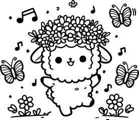 Lamb’s Flower Crown Parade. Coloring Book Page. Cartoon Illustration.