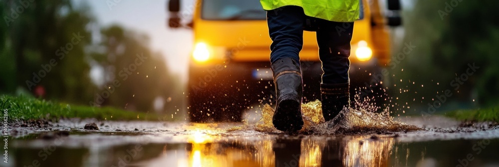 Aufkleber climate resilience in action urban emergency response worker navigating flood zones with high-visibi