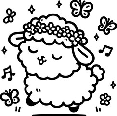 Lamb’s Flower Crown Parade. Coloring Book Page. Cartoon Illustration.