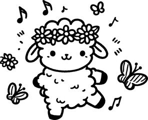 Lamb’s Flower Crown Parade. Coloring Book Page. Cartoon Illustration.