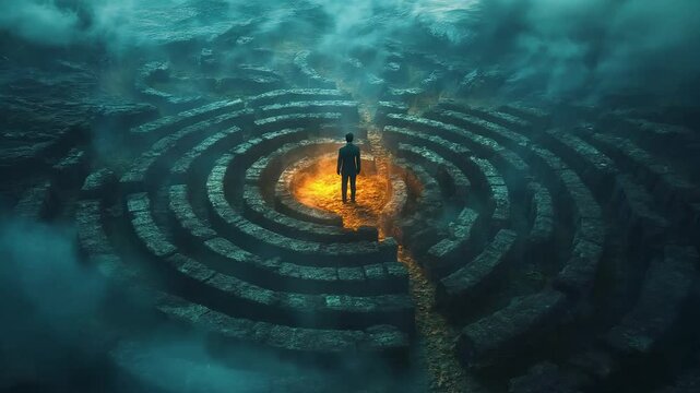 A man stands at the center of a glowing maze, symbolizing strategic navigation through challenges, set in a foggy landscape, ideal for strategy and problem solving visualizations.