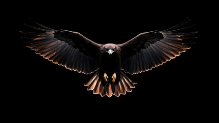 Fototapeta premium majestic eagle soaring with its wings fully spread against dark black background, showcasing its powerful presence and intricate feather details. image evokes sense of freedom and strength