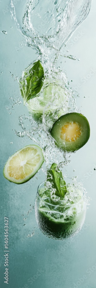 Poster dynamic superfood hydration matcha green wellness elixir with fresh citrus and botanical splashes - 
