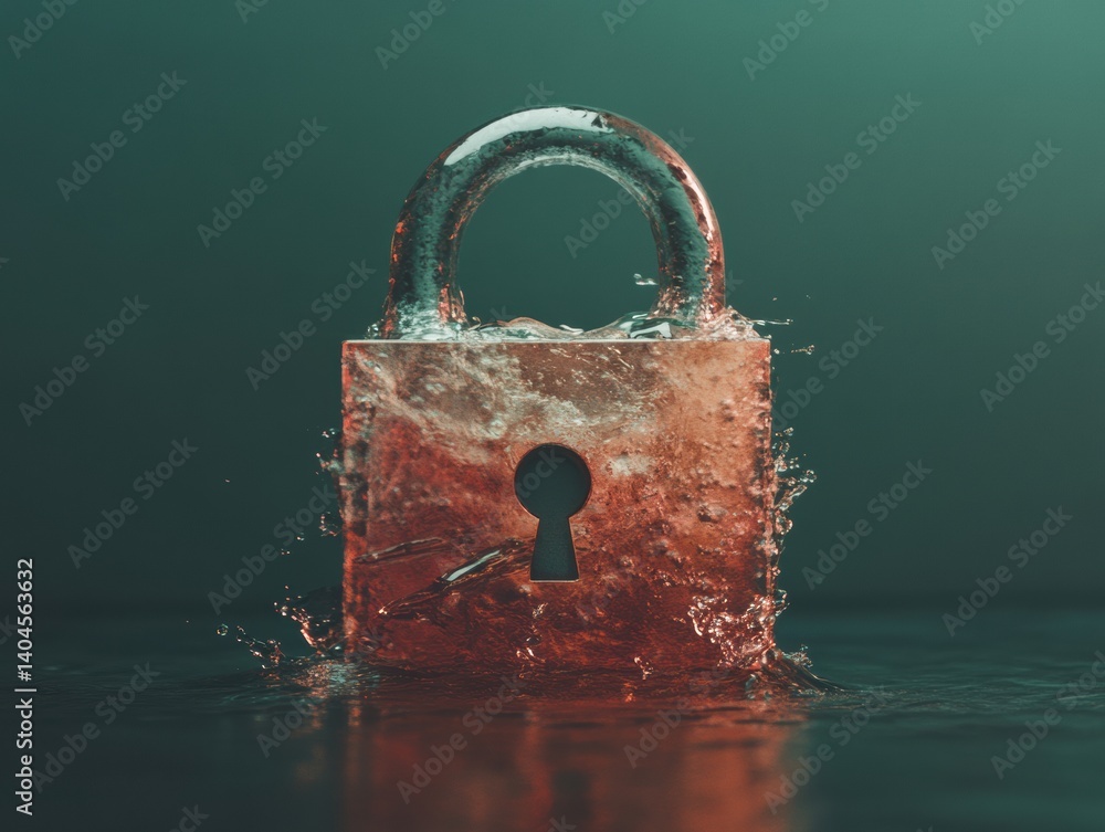 Poster Cybersecurity Metamorphosis Liquid Encryption Lock Visualizing Digital Resilience in Quantum-Powered Privacy Era - Breakthrough Data Protection Imagery