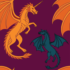 Fototapeta premium A fantastical seamless pattern featuring mythological creatures including dragons, phoenixes, and unicorns rendered in a vivid and imaginative fantasy art style