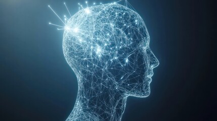 Glowing digital head, network connections, dark background, AI concept