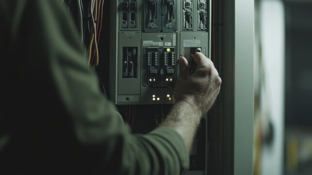 Electrician testing circuit breaker panel. Featuring expertise and focus