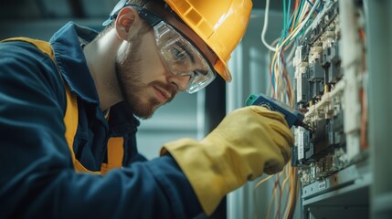 Electrician testing circuit connections at a job site. Featuring safety and precision