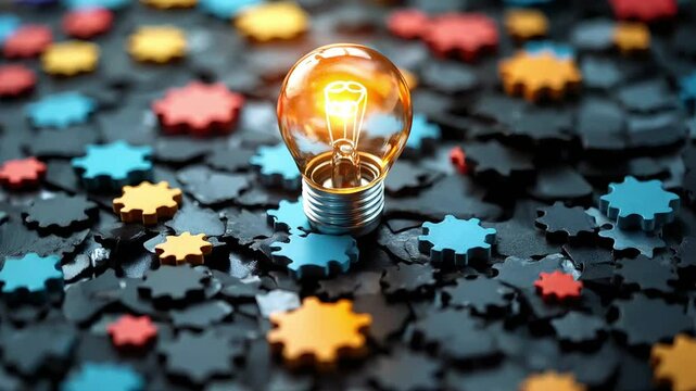A glowing lightbulb amidst diverse colorful puzzle pieces, symbolizing collaborative problem-solving amid differences, ideal for teamwork and innovation visualizations.