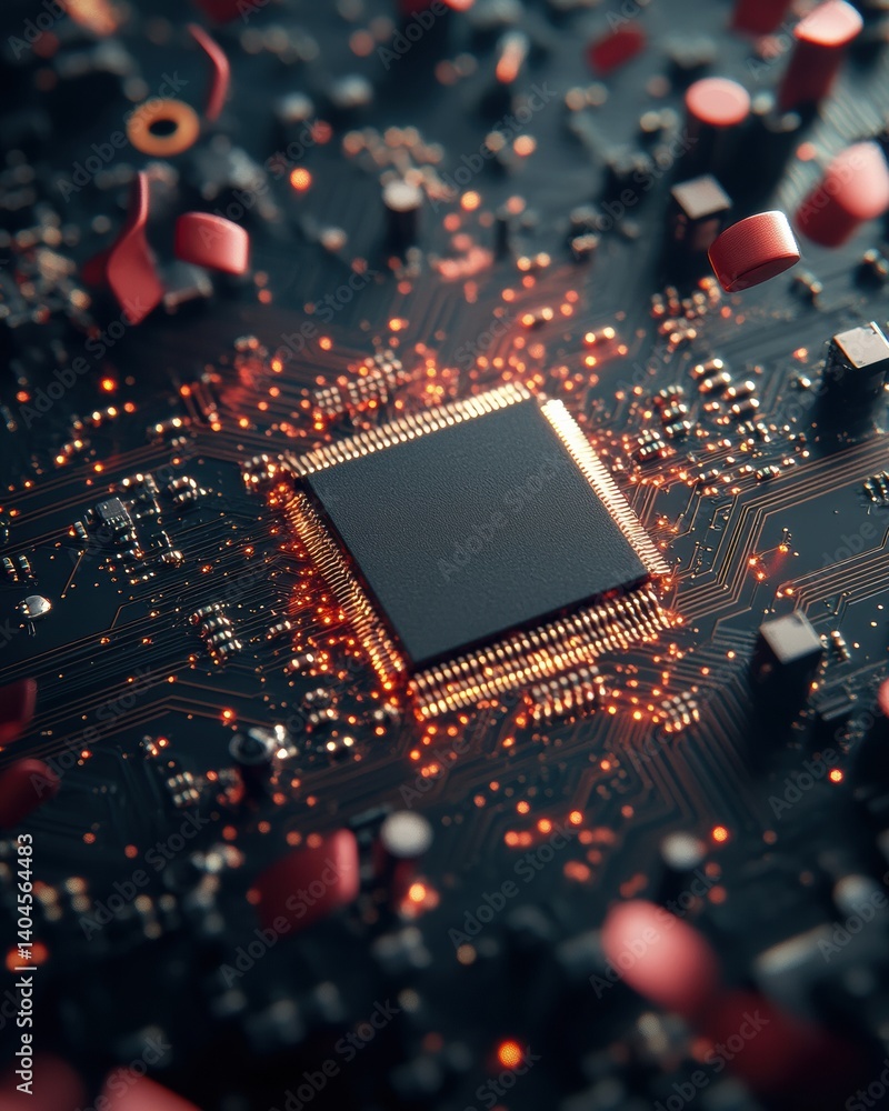 Aufkleber Quantum Computing Revolution Illuminated Microchip Circuit Board with Advanced Computational Nodes - Next-Generation Tech Innovation Visualization