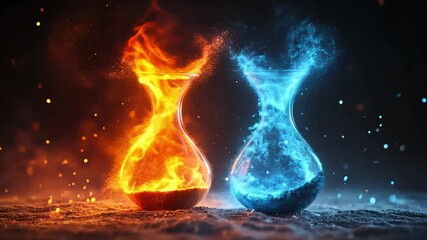 Two glowing vases, one fiery orange and one icy blue, symbolize A/B testing with contrasting elements, perfect for marketing comparison and decision-making visualizations.