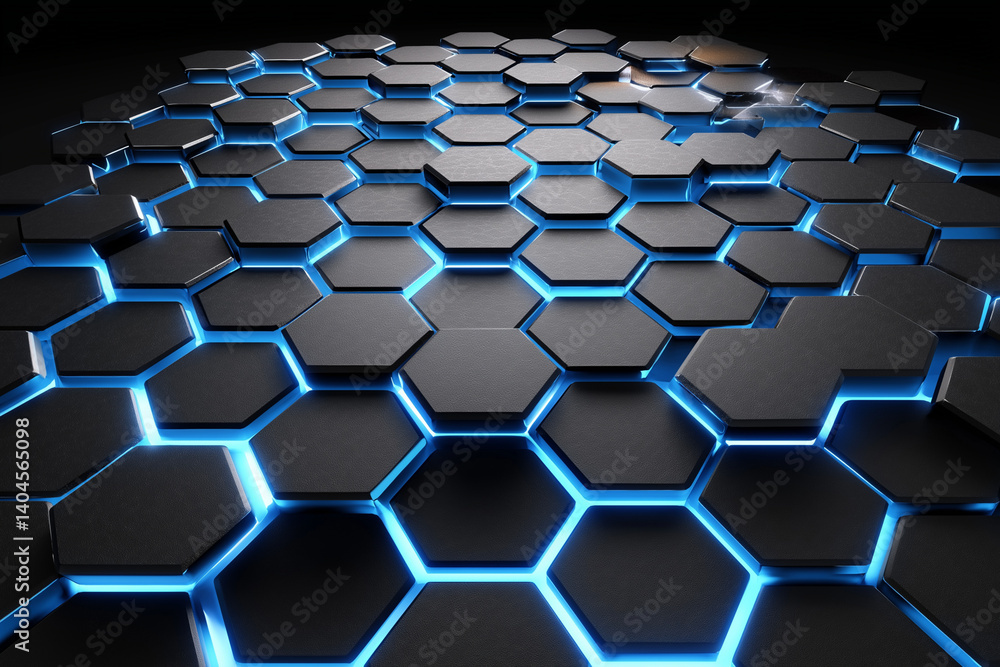 Poster futuristic dark hexagonal grid with glowing blue neon accents, creating a high-tech and abstract tec