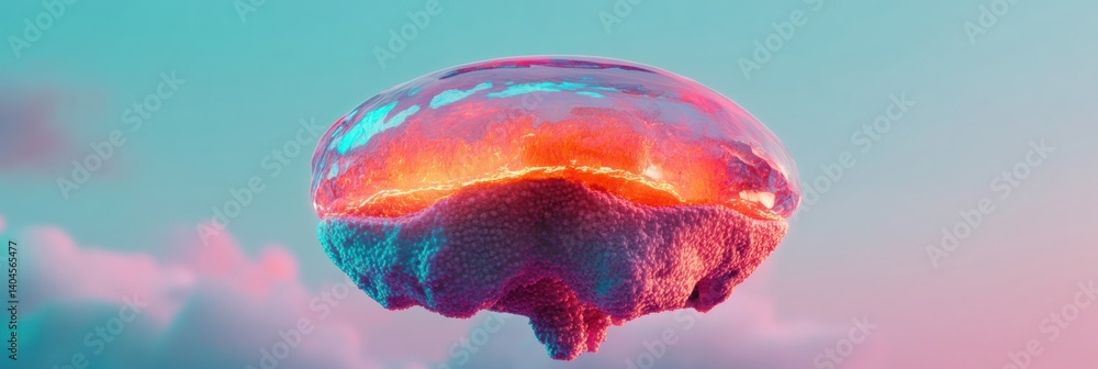 Poster Neuromorphic AI Visualization Luminescent Organic Brain in Pastel Gradient - Futuristic Cognitive Technology Concept for Digital Innovation and Neurotech Exploration