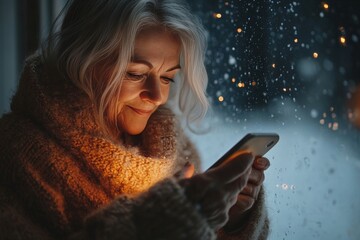 A serene, elderly woman deeply engrossed in her smartphone, a warm glow radiating from the screen and illuminating her face. Cozy indoors scene against the backdrop of a wintery rain.