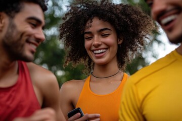 Inclusive Fitness Tech Dynamic Young Wellness Advocates Sharing Smartwatch Data in Vibrant Urban Green Space - Collaborative Health Tracking for Next-Gen Connectivity
