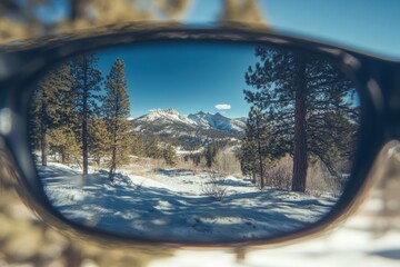 Creative sunglasses lens reflects adventure view of mirrored pine valley and snow capped mountains on a sunny winter day in nature