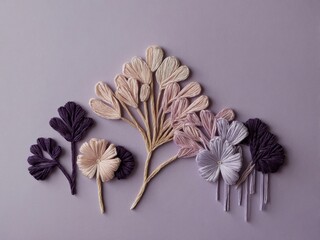 Embroidered flowers and leaves create a textured botanical arrangement