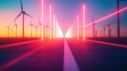 vibrant landscape featuring road lined with glowing neon lights, surrounded by wind turbines under colorful sunset. scene evokes sense of futuristic energy and innovation
