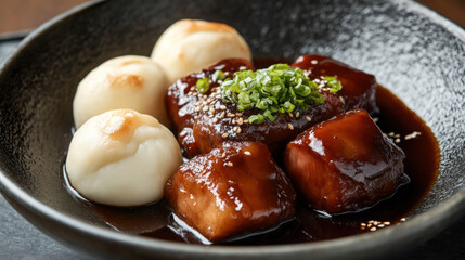 Fine dining style photo of succulent braised pork leg with rich brown glaze