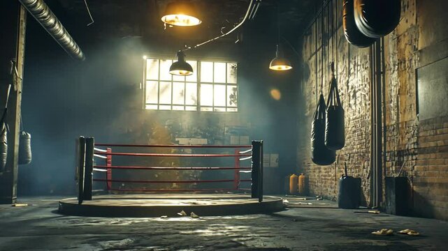 Boxing Ring in a Dark and Atmospheric Gym