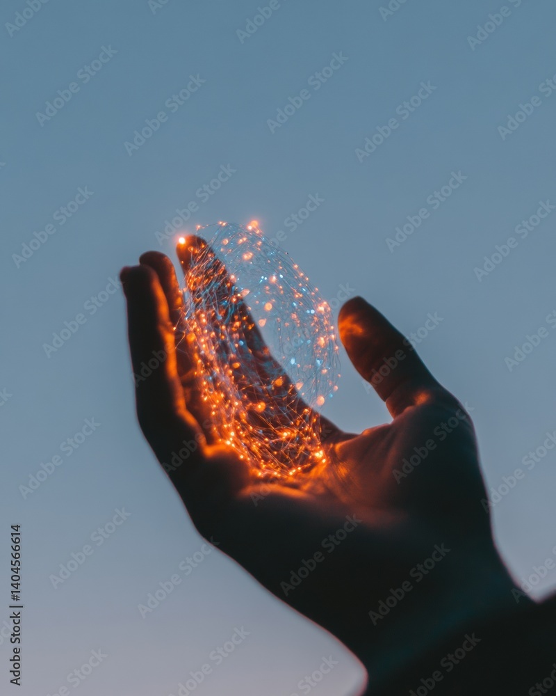 Poster Immersive Digital Transformation Futuristic Neural Network Visualization in Human Hand, Emerging Tech Innovation and Conceptual Data Connectivity Metaphor