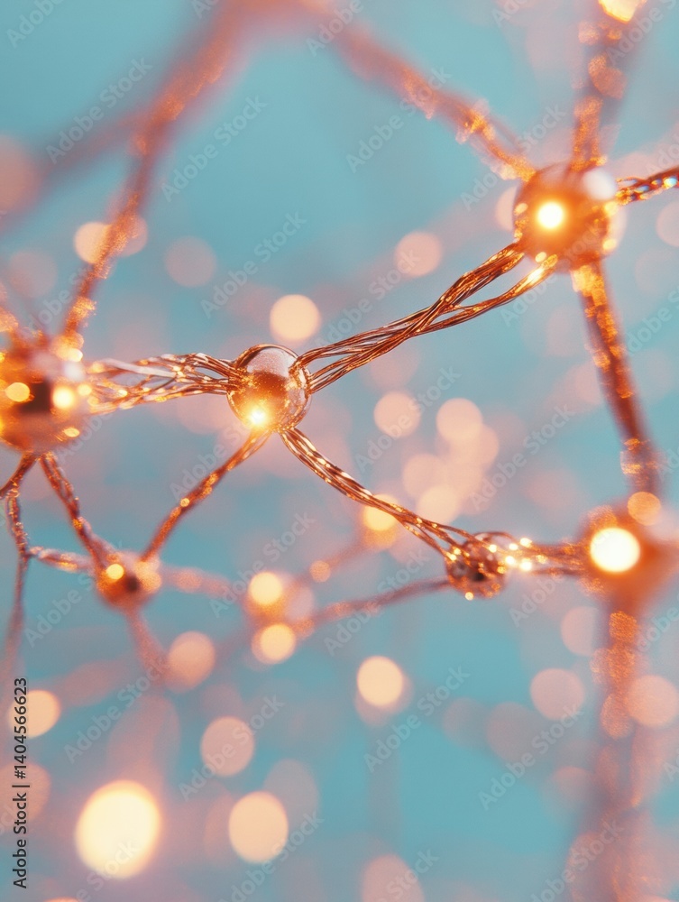 Poster Interconnected Innovation Luminous Neural Network Visualization with Copper Wiring and Soft Blue Backdrop - Emerging Tech Connectivity and Digital Transformation Insights