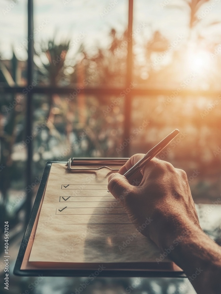Poster Sustainable Workflow Optimization Minimalist Checklist Design with Golden Hour Lighting - Modern Productivity Insights for Digital Professionals and Business Strategists
