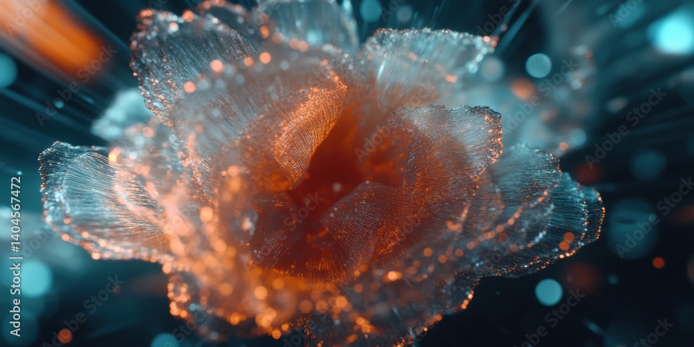 Poster Ethereal Digital Bloom Luminescent Particle Flow Visualization Exploring Quantum Aesthetics in Macro Liquid Crystal Innovation - Immersive Design and Technological Abstraction
