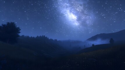 Fototapeta premium A starry night over rolling hills with the faint glow of the Milky Way above