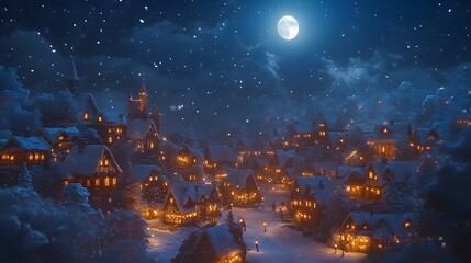 Fototapeta premium A picturesque winter village glowing with lights as snow falls gently under a full moon