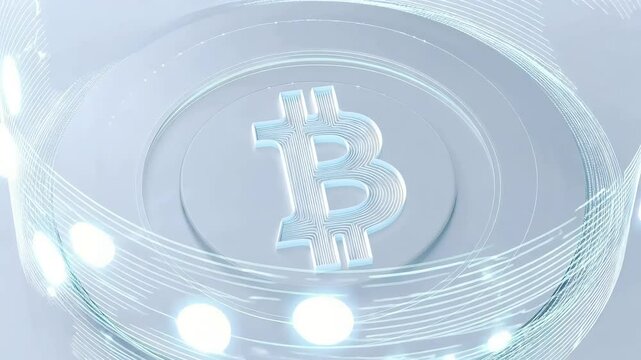 Bitcoin Visualizing cryptocurrency and tech&mdash; the bitcoin logo rotates smoothly as charts and blockchain lines orbit around, all on a clean white canvas 