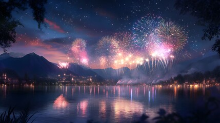 A grand fireworks display over a peaceful lake capturing the magic of midnight celebrations