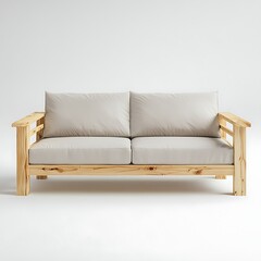 Contemporary Wooden Sofa: A modern, light-wood sofa with soft, neutral-toned cushions, perfect for any living space, embodying comfort and minimalist elegance.