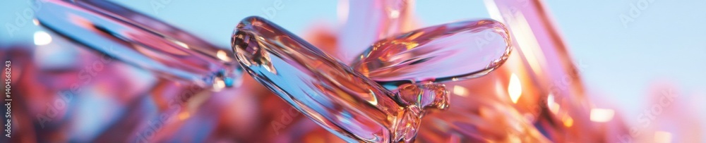 Poster fluid dynamics iridescent glass sculpture capturing ethereal liquid motion in soft chromatic gradien