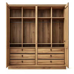 Elegance in Wood: An empty, finely crafted wooden wardrobe, with open doors, reveals its organizational potential, inviting viewers to imagine the possibilities.