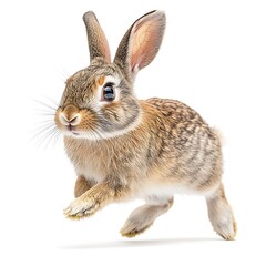 Fototapeta premium Dynamic Bunny: Capturing a moment of energetic motion, a young rabbit leaps with playful exuberance. Its fluffy fur and bright eyes capture a sense of joy and freedom. 