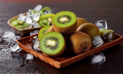 Refreshing Kiwi Fruit Still Life with Ice Cubes on a Wooden Tray